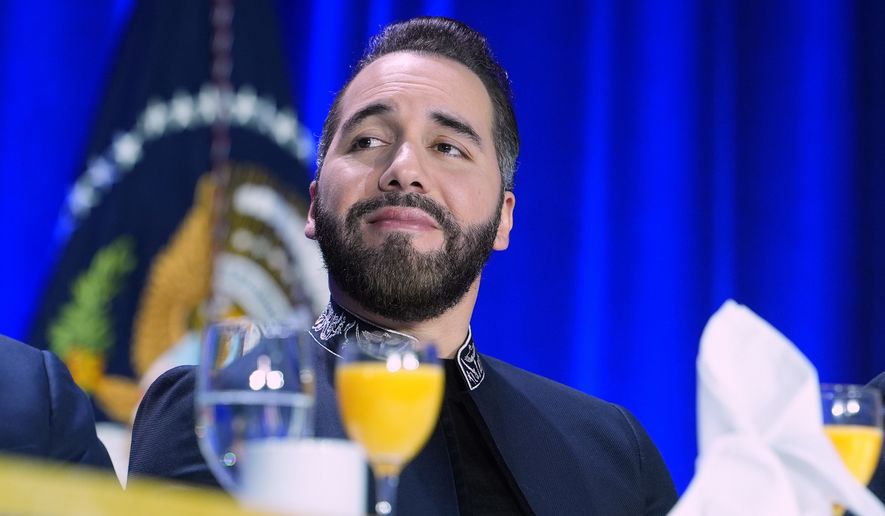 President of El Salvador, Nayib Armando Bukele Ortez, listens as President Donald Trump speaks during the National Prayer Breakfast, Feb. 5, 2026, in Washington. (AP Photo/Evan Vucci, File)