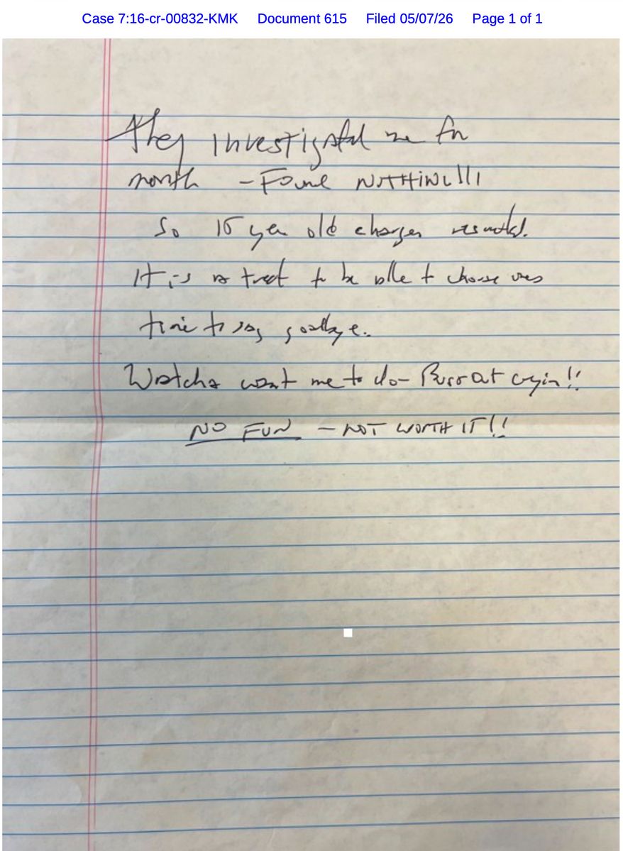 This document, released Thursday, May 7, 2026, by the U.S. District Court for the Southern District of New York, shows a note that Jeffrey Epstein’s former cellmate said he found after Epstein’s reported suicide attempt in July 2019. (U.S. District Court for the Southern District of New York via AP)