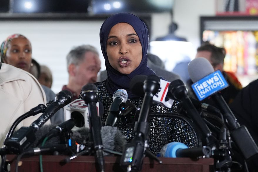 Rep. Ilhan Omar, D-Minn., speaks during a news conference on Jan. 28, 2026, in Minneapolis. (AP Photo/Adam Gray, File)