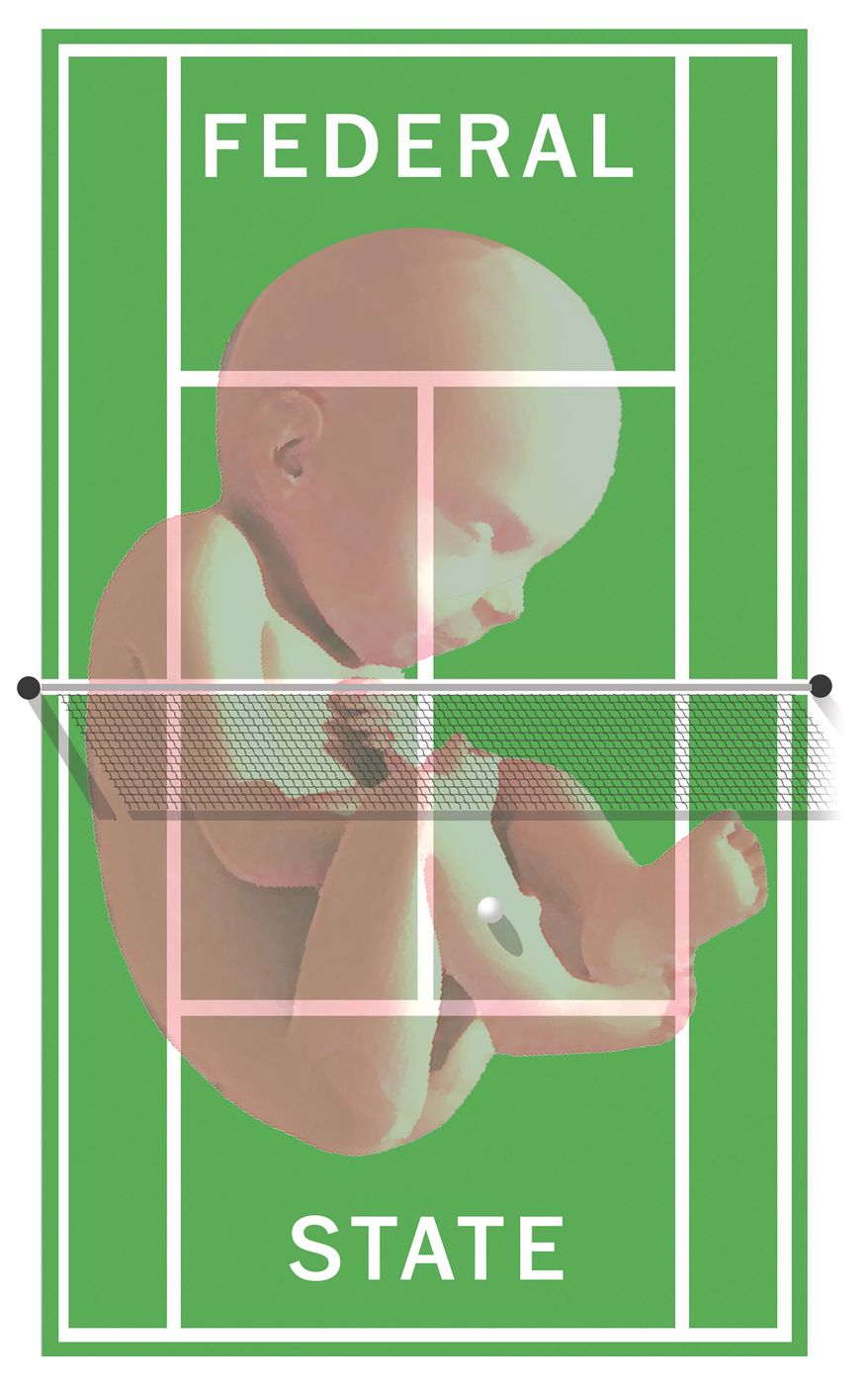 Federal versus state controls over abortion illustration by Alexander Hunter/The Washington Times