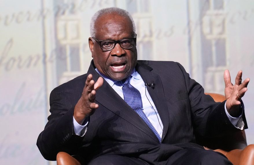 U.S. Supreme Court Associate Justice Clarence Thomas answers questions during a visit to the University of Texas at Austin, in Austin, Texas, April 15, 2026. (AP Photo/Eric Gay, File)