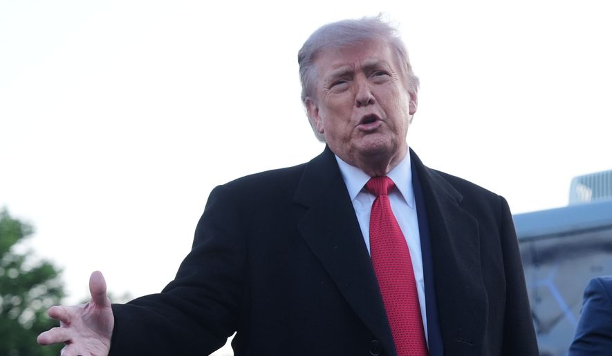 President Donald Trump speaks as he visits the Lincoln Memorial Reflecting Pool to see the new blue protective coating being applied as part of a renovation project, Thursday, May 7, 2026, in Washington. (AP Photo/Mark Schiefelbein) ** FILE **