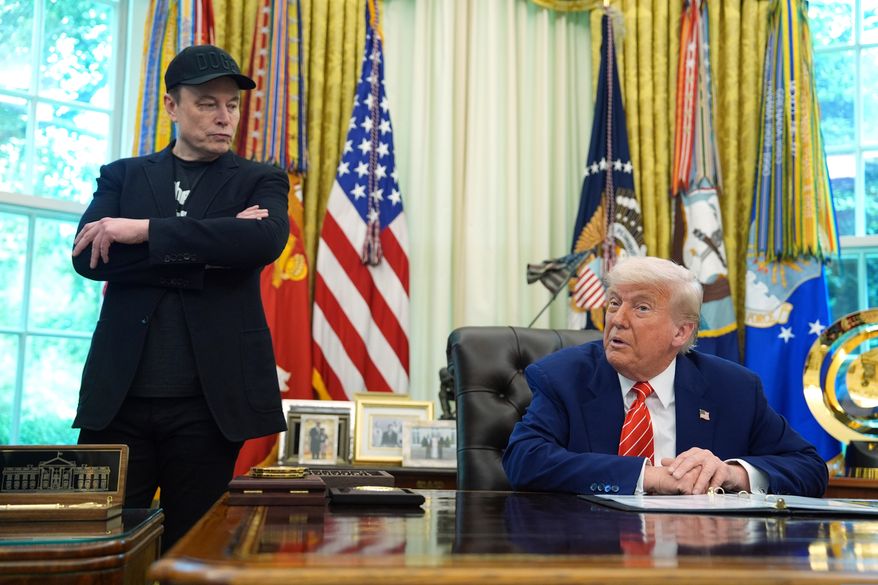 President Donald Trump, right, speaks during a news conference with Elon Musk in the Oval Office of the White House, May 30, 2025, in Washington. (AP Photo/Evan Vucci, File)