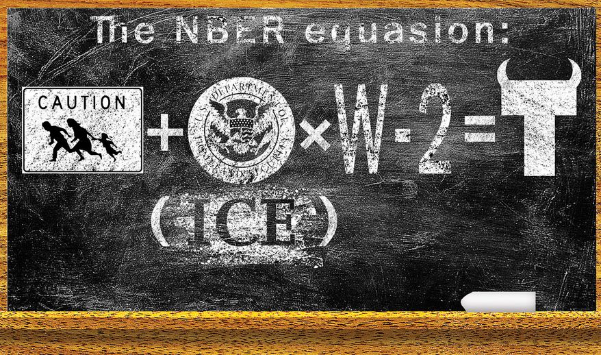 National Bureau of Economic Research (NBER) study and illegal immigration enforcement illustration by Alexander Hunter/The Washington Times