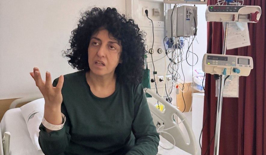 Prominent Iranian human rights activist Narges Mohammadi in a hospital in Tehran, Iran on May 10, 2026. (Narges Foundation Archive via AP)