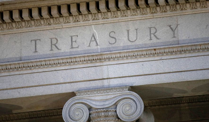 FILE - The Treasury Department building is pictured at dusk in Washington, June 6, 2019. (AP Photo/Patrick Semansky, File)