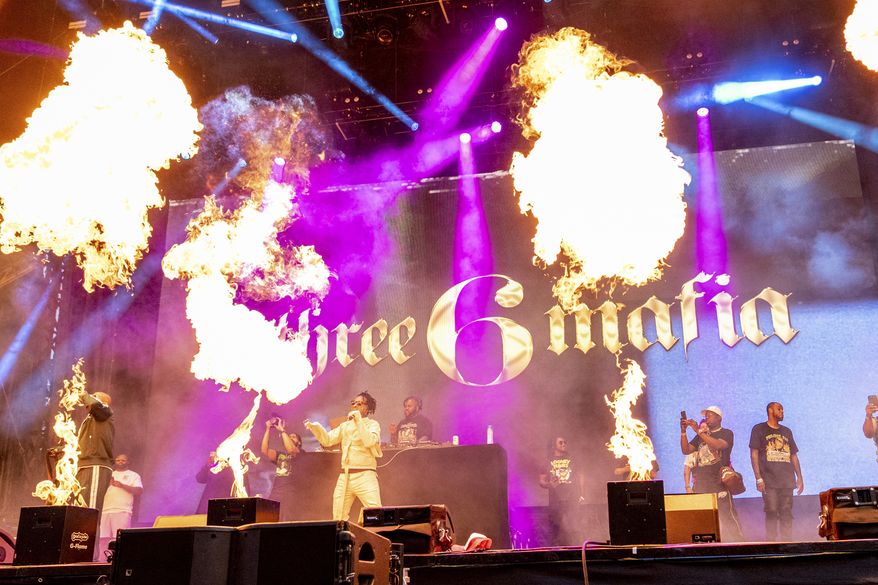 Juicy J, left, and DJ Paul of Three 6 Mafia perform during the 2023 Bonnaroo Music and Arts Festival on Friday, June 16, 2023, in Manchester, Tenn. (Photo by Amy Harris/Invision/AP) **FILE**