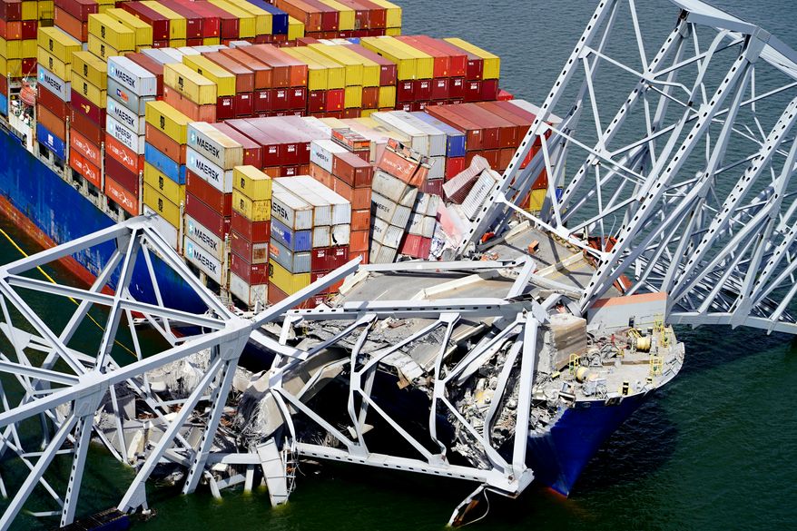 In this aerial image released by the Maryland National Guard the cargo ship Dali is stuck under part of the structure of the Francis Scott Key Bridge after the ship hit the bridge, March 26, 2024, in Baltimore. (Maryland National Guard via AP, File)