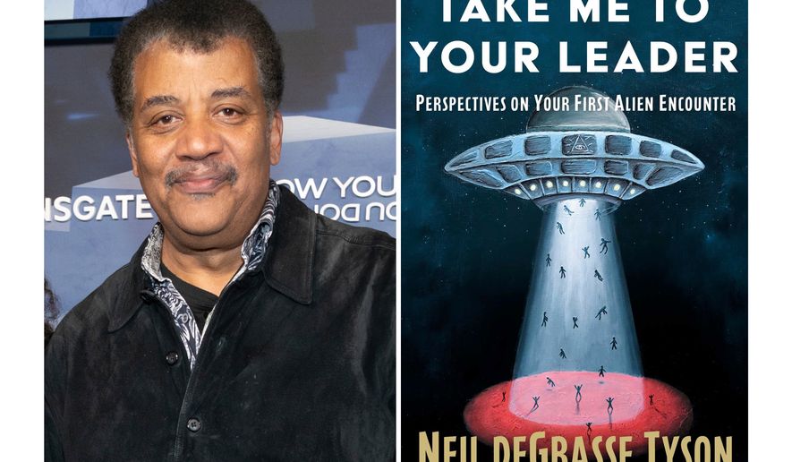 This combination of images shows Neil deGrasse Tyson at a premiere of "Now You See Me: Now You Don't" in New York on Nov. 10, 2025, left, and cover art for his book "Take Me to Your Leader: Perspectives on Your First Alien Encounter." (AP Photo, left, and Simon & Schuster via AP)