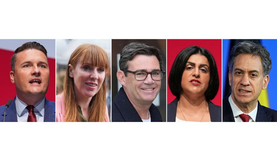 FILE - This photo combination shows, from left, Wes Streeting in Liverpool, Sept. 30, 2025, Angela Rayner in Shoreditch, London, June 5, 2025, Andy Burnham in Liverpool, Sept. 29, 2025, Shabana Mahmood in Liverpool, Sept. 29, 2025 and Ed Miliband in Hamburg, Germany, Jan. 26, 2026. (AP Photo/Jon Super, Kirsty Wigglesworth, Martin Meissner, File)