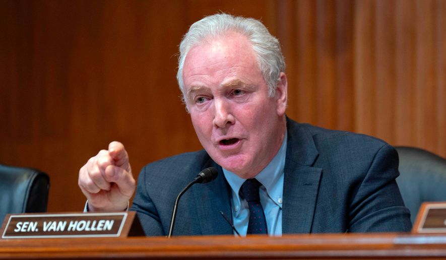 Sen. Chris Van Hollen, D-Md., speaks during the Senate Subcommittee on Commerce, Justice, Science, and Related Agencies hearing on Fiscal Year 2027 Budget Request for the FBI, the Drug Enforcement Administration; the United States Marshals Service and the Bureau of Alcohol, Tobacco, Firearms and Explosives the on Capitol Hill, Tuesday May 12, 2026, in Washington. (AP Photo/Jose Luis Magana)