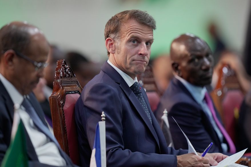 France's President Emmanuel Macron attends the Africa Forward Summit at the Kenyatta International Convention Centre in Nairobi, Kenya, Tuesday, May 12, 2026. (AP Photo/Brian Inganga)