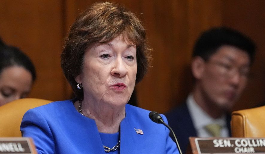 Sen. Susan Collins, R-Maine, questions Defense Secretary Pete Hegseth at a Senate Appropriations subcommittee on defense hearing on the budget request for the Department of Defense, Tuesday, May 12, 2026, in Washington. (AP Photo/Alex Brandon)
