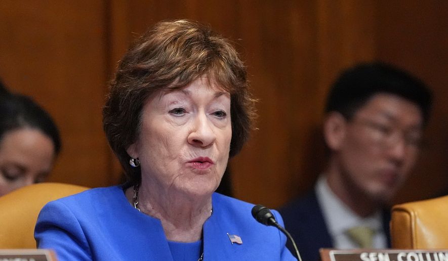 Sen. Susan Collins, R-Maine, questions Defense Secretary Pete Hegseth at a Senate Appropriations subcommittee on defense hearing on the budget request for the Department of Defense, Tuesday, May 12, 2026, in Washington. (AP Photo/Alex Brandon) ** FILE **
