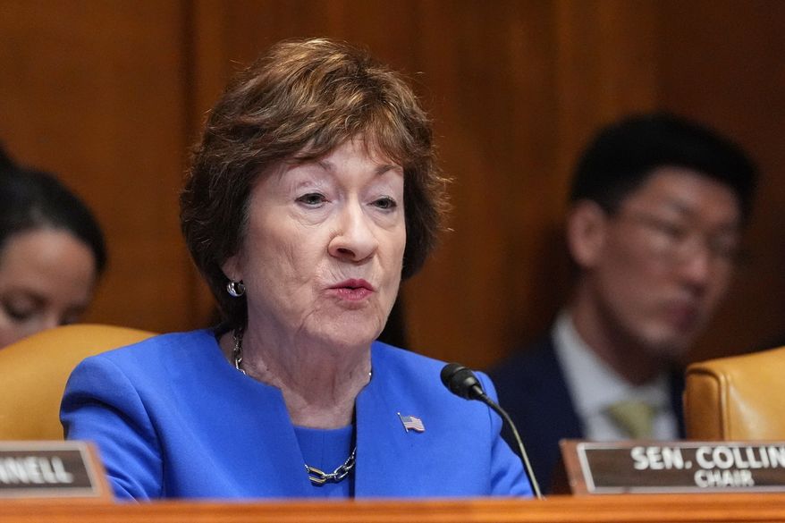 Sen. Susan Collins, R-Maine, questions Defense Secretary Pete Hegseth at a Senate Appropriations subcommittee on defense hearing on the budget request for the Department of Defense, Tuesday, May 12, 2026, in Washington. (AP Photo/Alex Brandon)