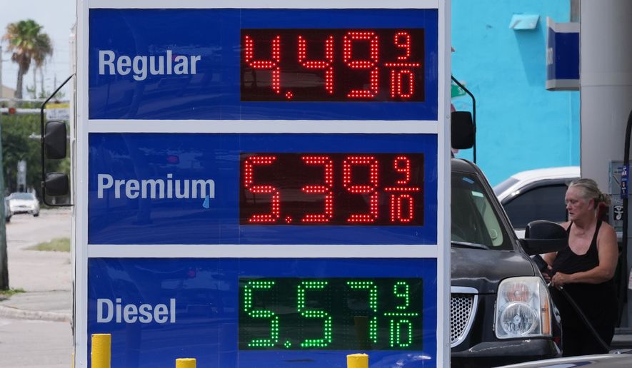 Gas prices are displayed at a Marathon gas station in Miami, Tuesday, May 12, 2026. (AP Photo/Marta Lavandier)