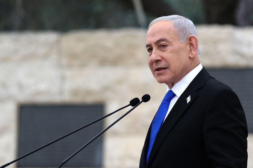 Israel's Prime Minister Benjamin Netanyahu attends a ceremony at the Military Cemetery on Mount Herzl in Jerusalem, April 21, 2026. (Ilia Yefimovich/Pool Photo via AP, File)