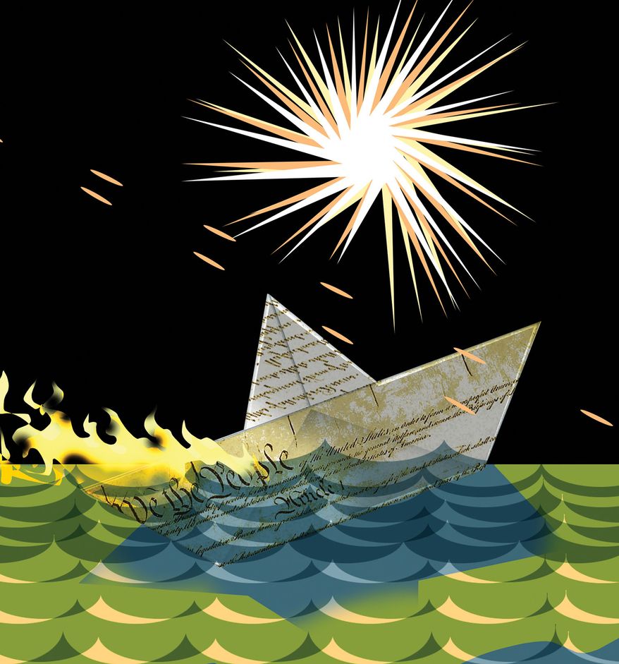 Constitutionality of U.S. military attacks on drug boats in the Caribbean and eastern Pacific Ocean illustration by Alexander Hunter/The Washington Times