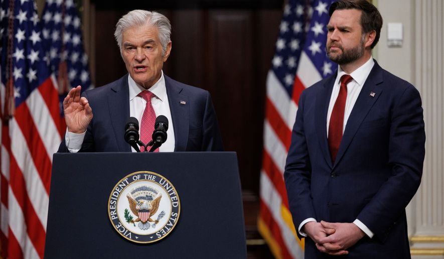 FILE - Administrator for the Centers for Medicare & Medicaid Services Dr. Mehmet Oz speaks beside Vice President JD Vance during a news conference on the White House campus Wednesday, Feb. 25, 2026, in Washington. (AP Photo/Tom Brenner, File)