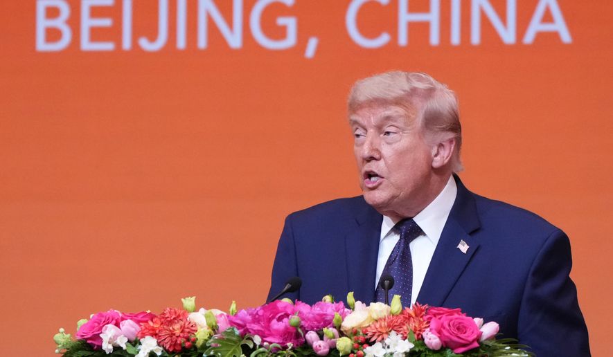 President Donald Trump speaks during a state dinner with China's President Xi Jinping at the Great Hall of the People on Thursday May 14, 2026, in Beijing. (AP Photo/Mark Schiefelbein)