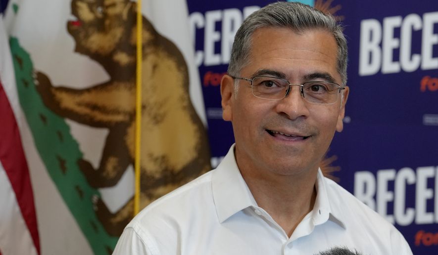 California gubernatorial candidate,Xavier Becerra, D-CA talks with reporters after appearing at a town hall meeting in Sacramento, Calif., Monday, May 11, 2026. (AP Photo/Rich Pedroncelli)