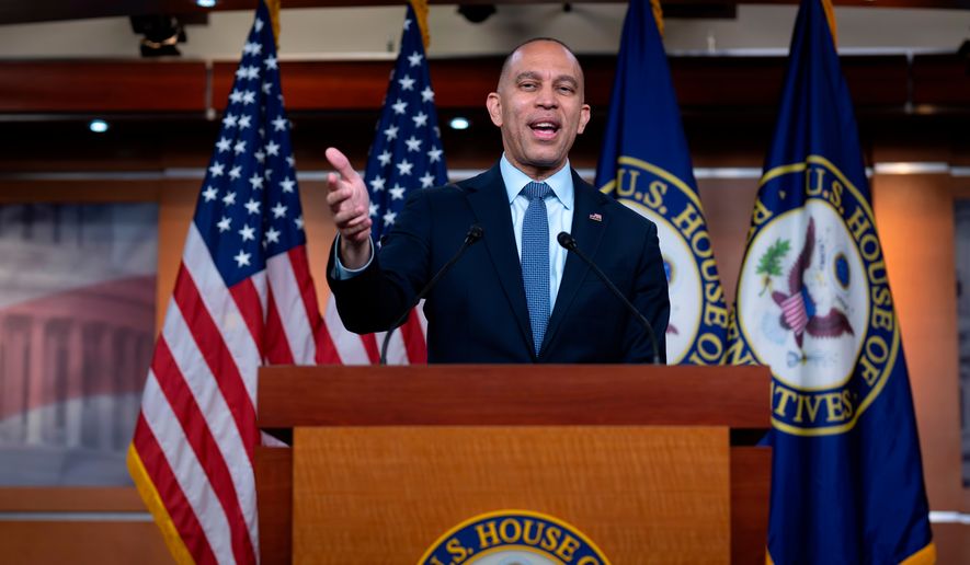 House Minority Leader Hakeem Jeffries, D-N.Y., describes the Democrats' fight to regain the House majority even as Republicans pursue redistricting efforts across the South following a U.S. Supreme Court ruling that affects majority-Black congressional districts, during a news conference at the Capitol in Washington, Wednesday, May 13, 2026. (AP Photo/J. Scott Applewhite)