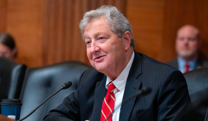 Sen. John Kennedy, R-La., speaks during the Senate Subcommittee on Commerce, Justice, Science, and Related Agencies hearing on Fiscal Year 2027 Budget Request for the FBI, the Drug Enforcement Administration; the United States Marshals Service and the Bureau of Alcohol, Tobacco, Firearms and Explosives on Capitol Hill, Tuesday, May 12, 2026, in Washington. (AP Photo/Jose Luis Magana)