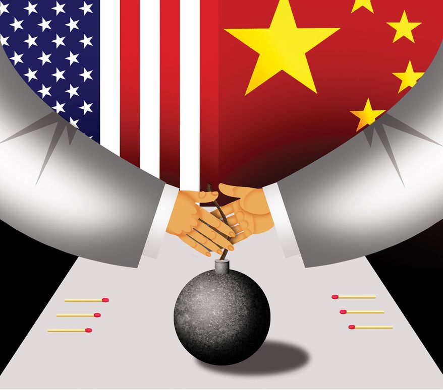 Meeting between the United States of America and China illustration by Alexander Hunter/The Washington Times