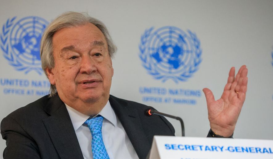 Secretary-General of the United Nations António Guterres talks to members of the press during a groundbreaking ceremony for the expansion of the UN headquarters in Nairobi, Monday, May 11, 2026. (AP Photo/Andrew Kasuku)