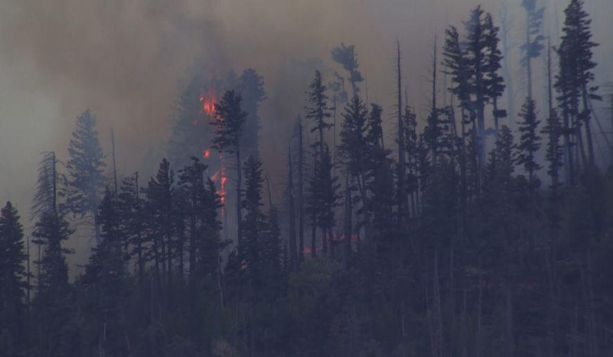 Smoke rises from a fire after a small medical plane crashed in a mountain range outside Ruidoso, New Mexico, on Thursday, May 14, 2026. (KOAT via AP)