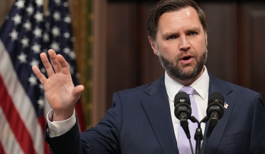 Vice President JD Vance speaks to the media from the Eisenhower Executive Office Building on the White House campus, Wednesday, May 13, 2026, in Washington. (AP Photo/Jacquelyn Martin)