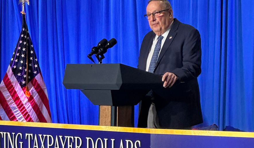 Former Maine Gov. Paul LePage speaks at an event with Vice President JD Vance, not pictured, Thursday, May 14, 2026, in Bangor, Maine. (AP Photo/Patrick Whittle)