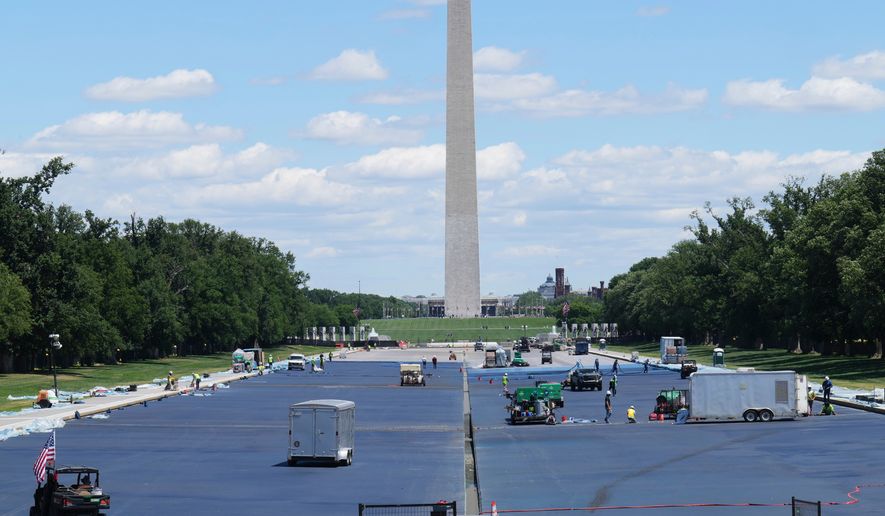 Workers apply a blue protective coating as part of a renovation project to the Lincoln Memorial Reflecting Pool, Friday, May 15, 2026, in Washington. (AP Photo/Jacquelyn Martin)