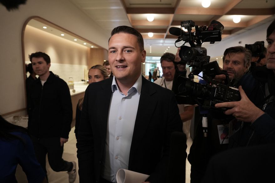 Wes Streeting arrives at the Progress Conference at Convene in London, Saturday May 16, 2026. (Jeff Moore/PA via AP)