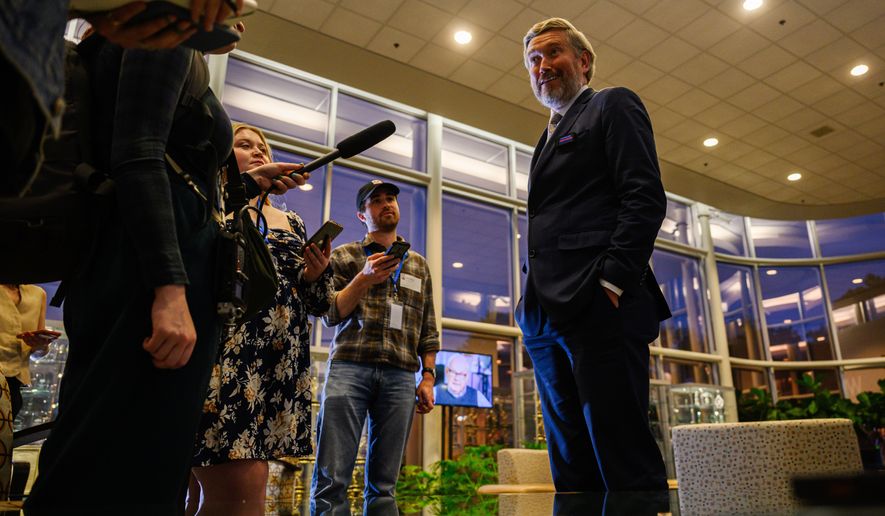 Rep. Thomas Massie, R-KY, speaks to reporters after a Kentucky Educational Television (KET) debate, Monday, May 4, 2026, in Lexington, Ky. (AP Photo/Jon Cherry)