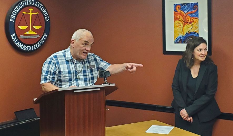 Jeff Titus speaks at a news conference after learning he will not face a second trial after his double murder conviction was overturned, Thursday, June 1, 2023 in Kalamazoo, Mich. (Marie Weidmayer/Kalamazoo Gazette via AP, File)