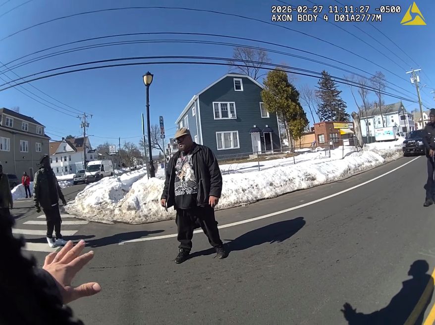 This photo taken from Hartford Police body camera video shows Steven Jones, center, as police officers talk to him, Feb. 27, 2026, in Hartford, Conn. (Hartford Police Department via AP, File)