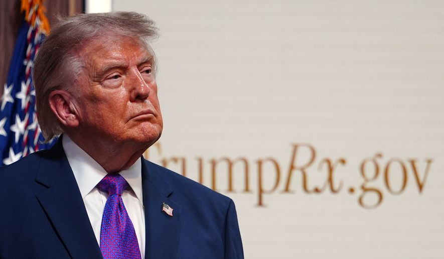 President Donald Trump listens during an event about prescription drug prices in the South Court Auditorium in the Eisenhower Executive Office Building on the White House campus, Monday, May 18, 2026, in Washington. (AP Photo/Julia Demaree Nikhinson)