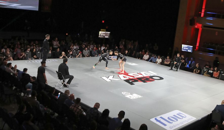 An overall, general view of the mat during undercard action the Kasai Pro 5 grappling event at Hammerstein Ballroom in New York on Saturday, April 6, 2019. (AP Photo/Gregory Payan)