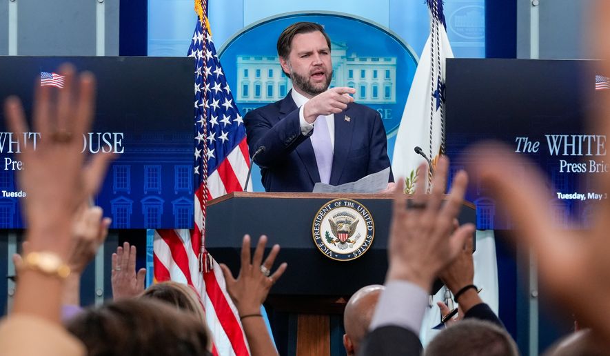 Vice President JD Vance speaks to reporters during a during a press briefing at the White House, Tuesday, May 19, 2026, in Washington. (AP Photo/Manuel Balce Ceneta)