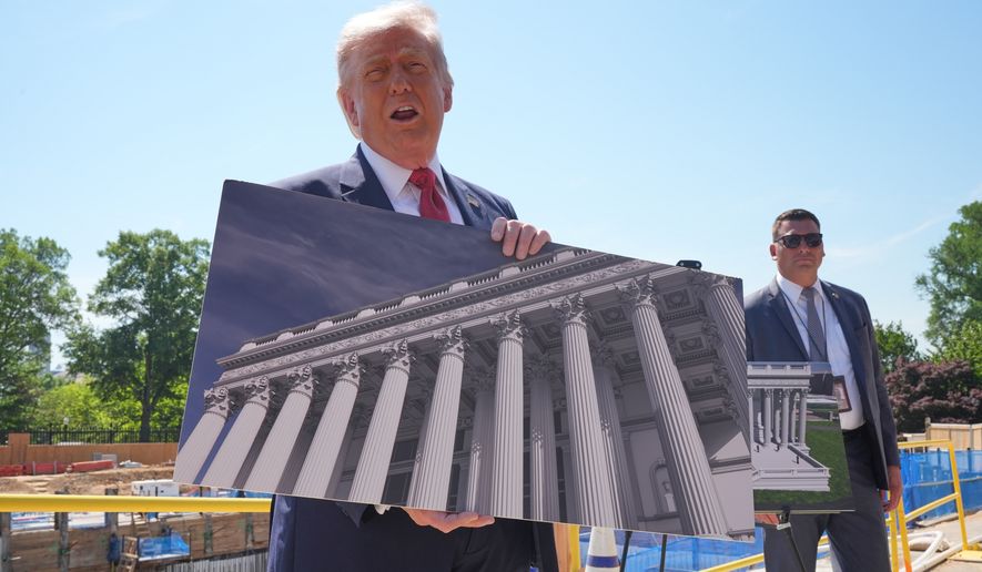 President Donald Trump tours Ballroom construction around the outside the White House, Tuesday, May 19, 2026, in Washington. (AP Photo/Jacquelyn Martin)