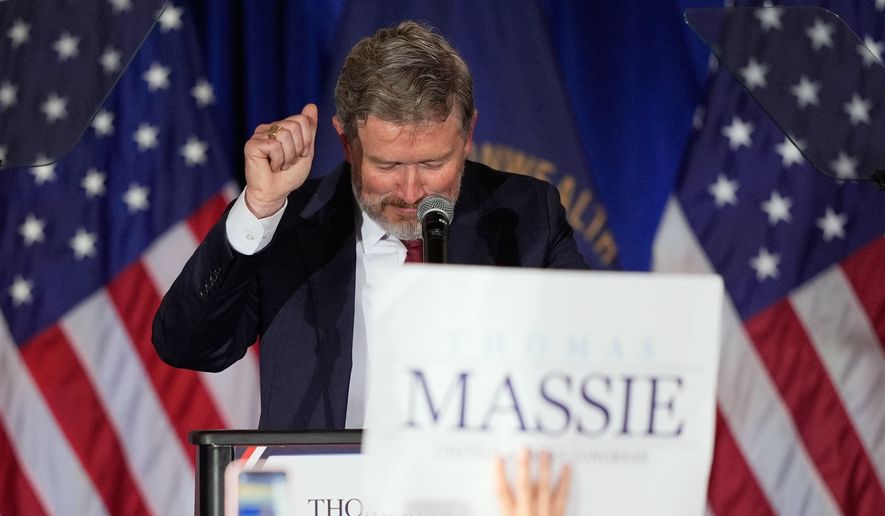 Rep. Thomas Massie, R-Ky., reacts as he speaks during an election night watch party after losing the Republican party's nomination at the Marriott Cincinnati Airport, Tuesday, May 19, 2026, in Hebron, Ky. (AP Photo/Carolyn Kaster)