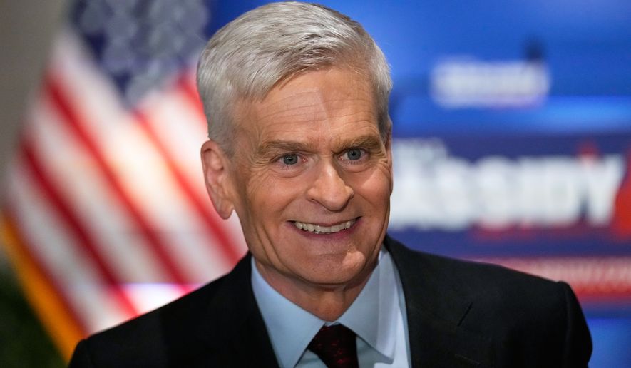Sen. Bill Cassidy, R-La., speaks to supporters during an election night watch party Saturday, May 16, 2026, in Baton Rouge, La. (AP Photo/Gerald Herbert)
