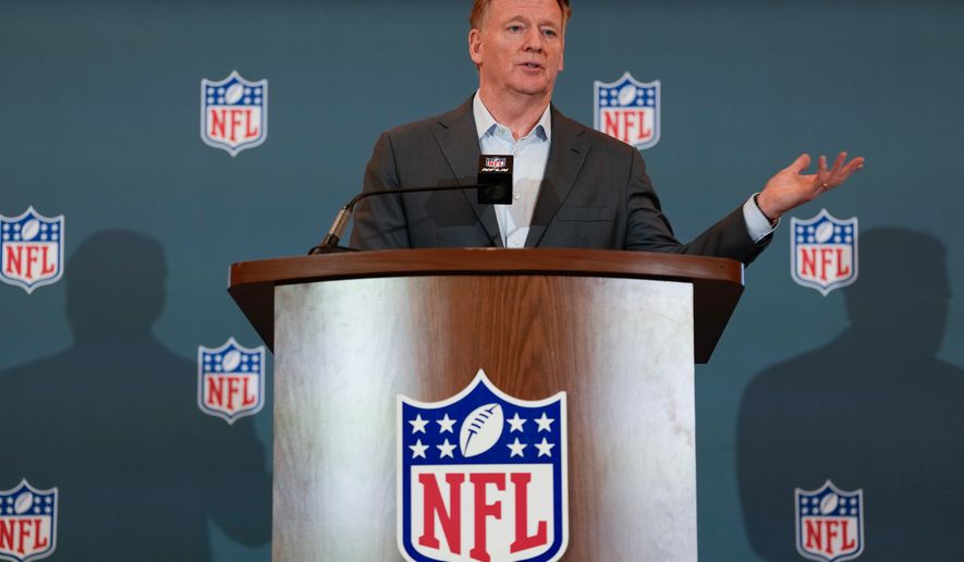 NFL commissioner Roger Goodell answers questions during a news conference at the football owners' meetings Tuesday, May 19, 2026, in Orlando, Fla. (AP Photo/John Raoux)