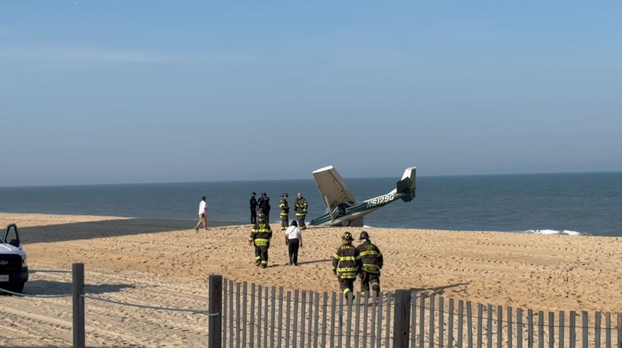 Ocean City Fire Department and Ocean City Police Department responded to a Cessna's emergency landing on the beach at Ocean City, Md., on May 18, 2026. (Screenshot from video posted by the Ocean City Fire Department. https://www.facebook.com/OCMDFD/)
