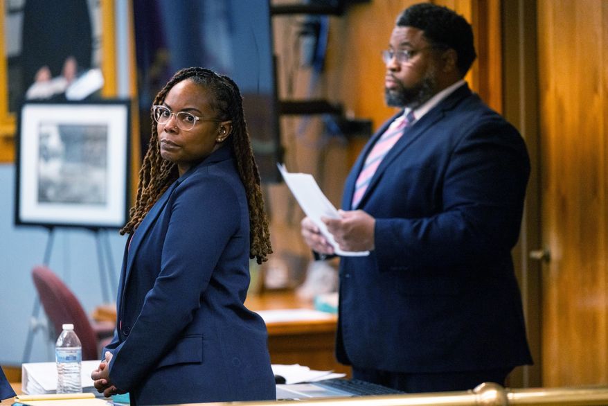 Ebony Parker looks on during jury selection for her trial on felony child neglect charges at the Newport News Circuit Court in Newport News, Va., Monday, May 18, 2026. (Peter Casey/The Virginian-Pilot via AP, Pool)