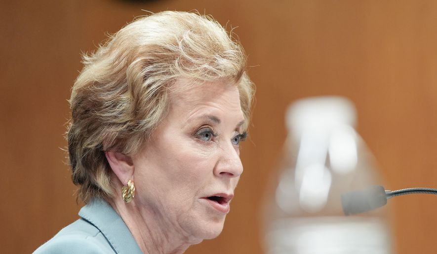 Education Secretary Linda McMahon testifies during a Senate Committee on Appropriations subcommittee hearing to examine proposed budget estimates and justification for fiscal year 2027 for the Department of Education on Capitol Hill, Tuesday, April 28, 2026, in Washington. (AP Photo/Mariam Zuhaib)