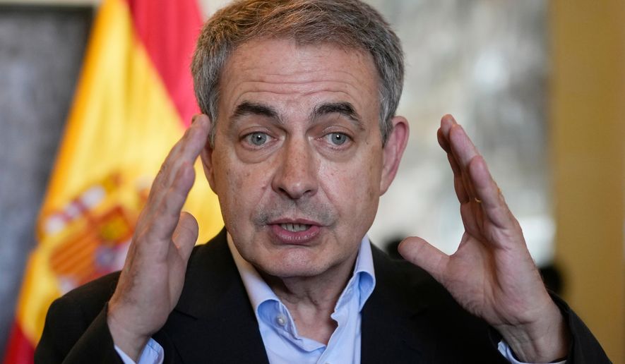 FILE - Spain's former Prime Minister Jose Luis Rodriguez Zapatero speaks to journalists in La Paz, Bolivia, Thursday, May 12, 2022. (AP Photo/Juan Karita, File)