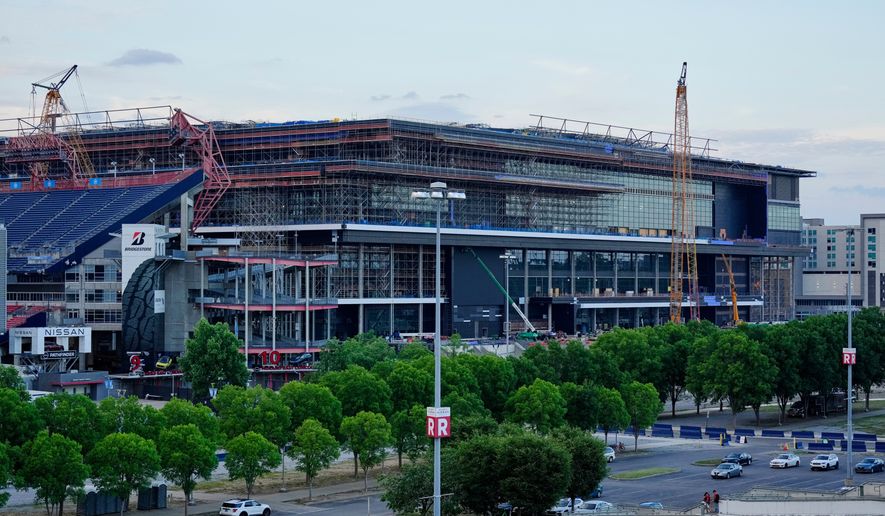 Construction continues on a new enclosed stadium for the Tennessee Titans NFL football team in Nashville, Tenn., on Monday, May 18, 2026. (AP Photo/George Walker IV) **FILE**