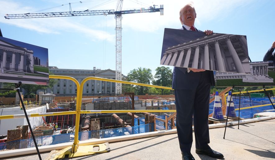President Donald Trump speaks as he tours Ballroom construction around the outside the White House, Tuesday, May 19, 2026, in Washington. (AP Photo/Jacquelyn Martin)